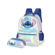 Kit Mochila Stitch Costas Estojo Triplo Holográfico Escolar Cor:Prata