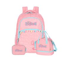Kit Mochila Stitch De Costas Lancheira E Estojo Box Passeio Cor:Rosa