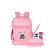 Kit Mochila Stitch de Costas Pelucia E Estojo Triplo Meninas