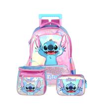 Kit Mochila Stitch De Rodas Lancheira E Estojo Box Meninas Cor:Roxo