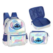 Kit Mochila Stitch Disney Holográfico Com Estojo Escolar Luxcel