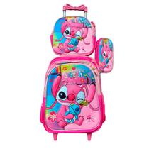 Kit Mochila Stitch em 3D com Rodinhas Feminina + Lancheira Térmica + Estojo