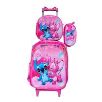 Kit Mochila Stitch em 3D com Rodinhas + Lancheira Térmica + Estojo Escolar
