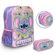 Kit Mochila Stitch Grande Alça Costas Com Estojo Lilás