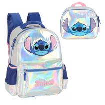 Kit Mochila Stitch Holográfica Costas Com Lancheira Térmica