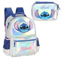 Kit Mochila Stitch Holográfica Disney Escolar Com Estojo Box