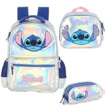 Kit Mochila Stitch Prata Holografica+Lancheira+Estojo Luxcel