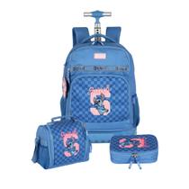Kit Mochila Stitch Rodas 18" Lancheira E Estojo Box Infantil Cor:Azul