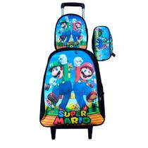 Kit Mochila Super Mario Bros com Rodinhas + Lancheira Térmica + Estojo Escolar Infantil