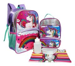 Kit Mochila Unicórnio 3D Feminina Escolar Costas Lancheira