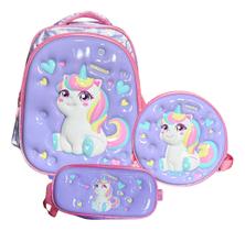 Kit Mochila Unicórnio 3d Meninas Infantil Lancheira Estojo