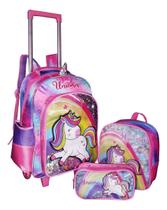 Kit Mochila Unicórnio Juvenil Escolar Meninas Rosa Infantil