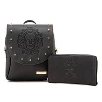 Kit Mochilinha Preto Alice Monteiro Mochila de Costas com Carteira Porta Cartões e Porta Celular