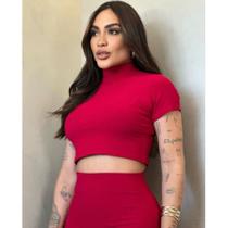 Kit modinha blogueira conjunto feminino de cropped + saia cintura alta fenda lateral malha canelada