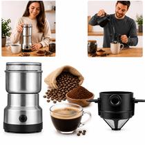 Kit Moedor de Café Elétrico 150W e Coador Inox Reutilizável Dupla Aba Universal Kit Moedor de Café Elétrico 150W e Coador Inox Reutilizável Dupla Aba Universal