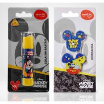 Kit Molin Cola Bastão Branca Mickey + 2 Borrachas Mickey Mouse