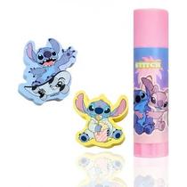 Kit Molin Escolar Cola Bastão Stitch Estampa Rosa + 2 Borrachas Stitch