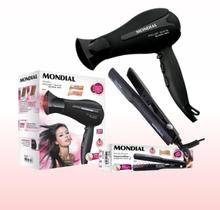 Kit Mondial Secador SC-13 Power Shine Black Íons E Chapinha Prancha Alisadora P-15 Portátil 110V