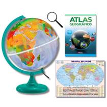 Kit - Mondo Base Verde + Mapa Mundi + Atlas Geográfico + Lupa de Mão