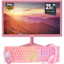 Kit Monitor Led 21,5 Full Hd 1920x1080 Rosa e Periféricos Gamer Rosa
