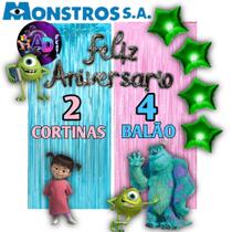 Kit: MONSTRO SA 2 Cortinas Metalizada + 4 Balões Estrelas, Decoração, Festa, Aniversário, Adereços, Festival, Comemorção