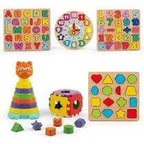 Kit Montessori 7 Brinquedos Educativos Infantis, Tabuleiros de Letras, Números e Formas Geométricas, Relógio Educativo, Torre e Cubo