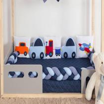 Kit Montessoriano Trança para Mini-Cama 7 Peças + Varal Bandeirinhas - Carros Azul - Stylo Casa