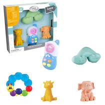 Kit Mordedor Lagarta C/ Água Macio Atóxico Para Bebês e Conjunto De Brinquedos Em Vinil + Celular De Melodias Infantil