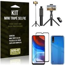 Kit Moto E7 Power Mini Tripé Selfie Bluetooth para + Capa Anti Impacto + Película 3D - Armyshield