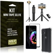 Kit Moto Edge 20 Lite Mini Tripé Selfie Bluetooth para + Capa Anti Impacto + Película 3D -Armyshield