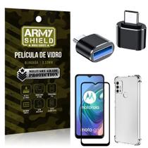 Kit Moto G10 Adaptador OTG Tipo C para USB + Capa Anti Impacto + Película 3D - Armyshield