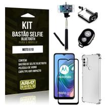 Kit Moto G10 Bastão de Selfie Bluetooth + Capinha Anti Impacto + Película Vidro 3D - Armyshield