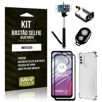 Kit Moto G20 Bastão de Selfie Bluetooth + Capinha Anti Impacto + Película Vidro 3D - Armyshield