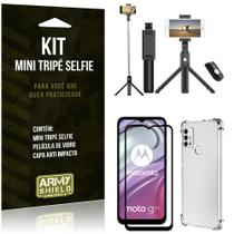 Kit Moto G20 Mini Tripé Selfie Bluetooth para + Capa Anti Impacto + Película 3D - Armyshield
