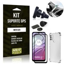 Kit Moto G20 Suporte Veicular Magnético + Capa Anti Impacto + Película Vidro 3D - Armyshield