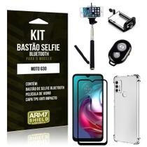 Kit Moto G30 Bastão de Selfie Bluetooth + Capinha Anti Impacto + Película Vidro 3D - Armyshield