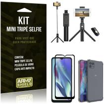 Kit Moto G50 5G Mini Tripé Selfie Bluetooth para + Capa Anti Impacto + Película 3D - Armyshield