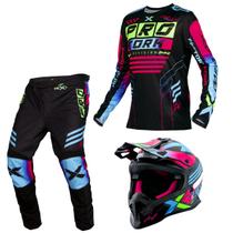 Kit Motocross Fast Next Camisa Calça Capacete Brilhante Preto - Rosa Conjunto