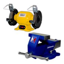 Kit Motoesmeril 150W ou 300W e Morsa Base 360 Menegotti Rebolo 5, 6 Pol Ferro Nodular Abertura 125, 200mm Bancada Serralheria Afiação Desbaste Oficina