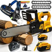 Kit Motoserra Sem Fio Potente 2x Baterias + Lanterna De Cabeça Led