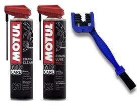 Kit Motul C1 Chain Clean 400ml + C2 Chain Lube Road 400ml+Escova Limpeza Corrente Transmissão Moto