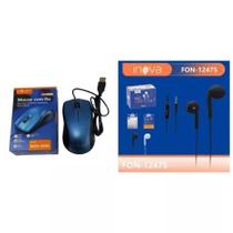 Kit mouse com fio azul mou 8606 e fone de ouvido com fio preto fon12475 inova