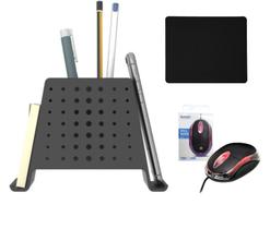 Kit Mouse com Led + Organizador de mesa porta canetas + Mouse Pad Preto