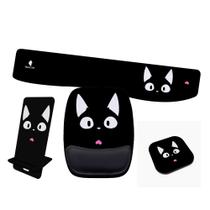 Kit Mouse Pad e Apoio de Teclado Ergonomico Gato Gatinho Preto Bonito