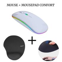 Kit Mouse Sem Fio Bluetooth Recarregável Led + Mousepad Ergonômico Para Pc Notebook