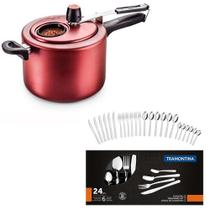 Kit mta panela de pressao 4,5 litros cereja com visor + faqueiro 24 pcs buzios