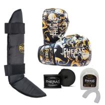 Kit Muay Thai Boxe Luva Estampada, Bandagem, Bucal E Caneleira Fheras