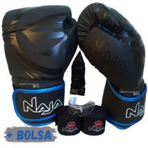 Kit Muay Thai Boxe Naja 12 Oz Luvas Bandagens Bucal Black Line
