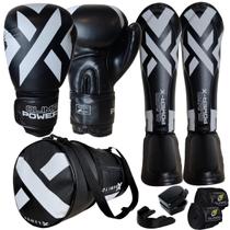 Kit Muay Thai Completo Luvas, Caneleiras, Bolsa, Bandagem e Protetor Bucal Ideal Boxe, Treino e Luta Profissional Power X Olimpo Esportes