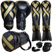 Kit Muay Thai Completo Luvas, Caneleiras, Bolsa, Bandagem e Protetor Bucal Ideal Boxe, Treino e Luta Profissional Power X Olimpo Esportes